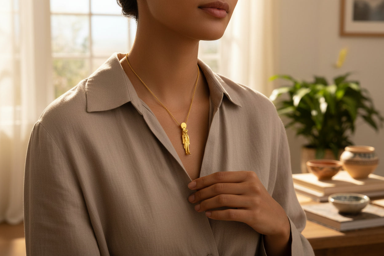 Gold Sekhmet Pendant, Egyptian Revival Necklace, Divine Talisman