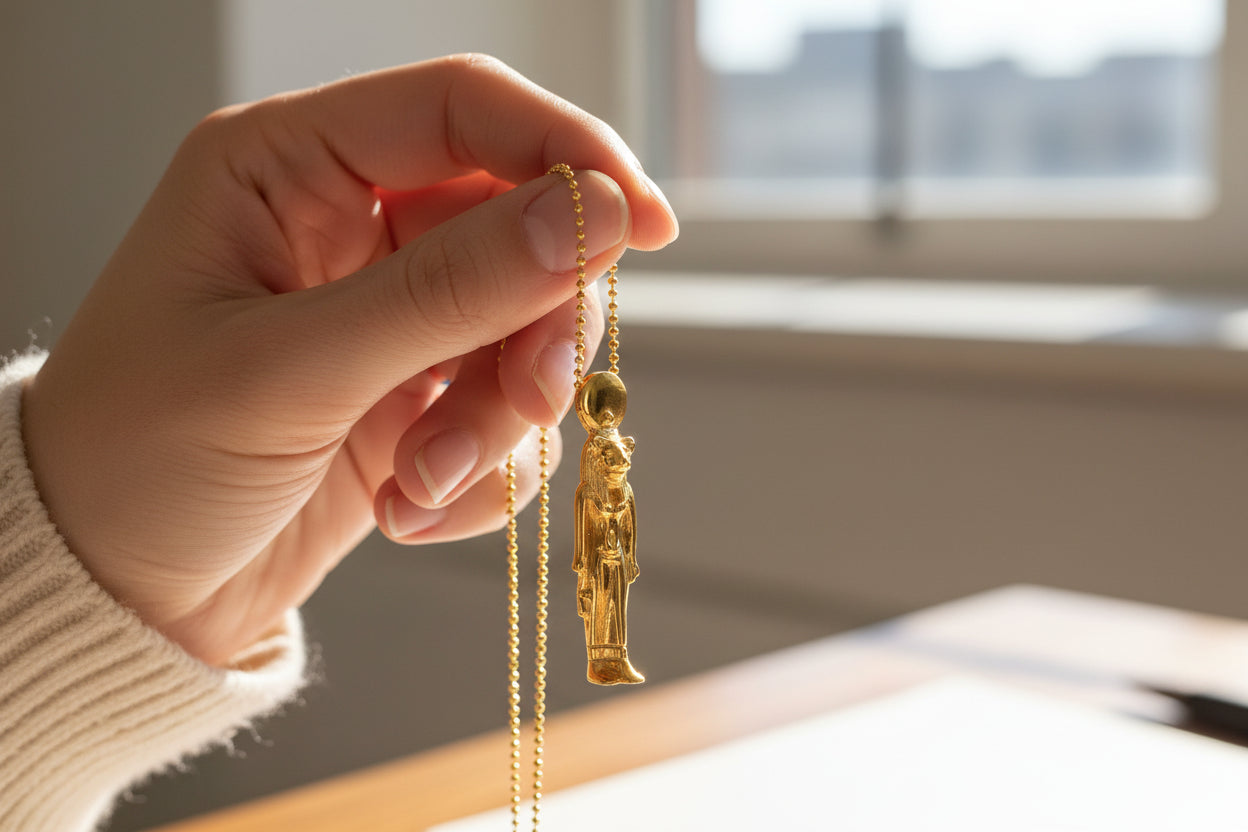Gold Sekhmet Pendant, Egyptian Revival Necklace, Divine Talisman