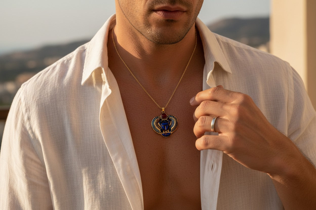 Gold Egyptian Scarab Lapis Lazuli Necklace, Handmade Talisman