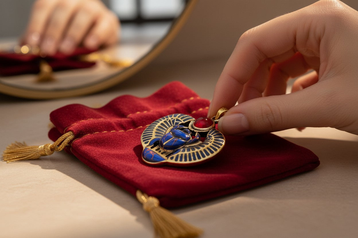 Gold Egyptian Scarab Lapis Lazuli Necklace, Handmade Talisman