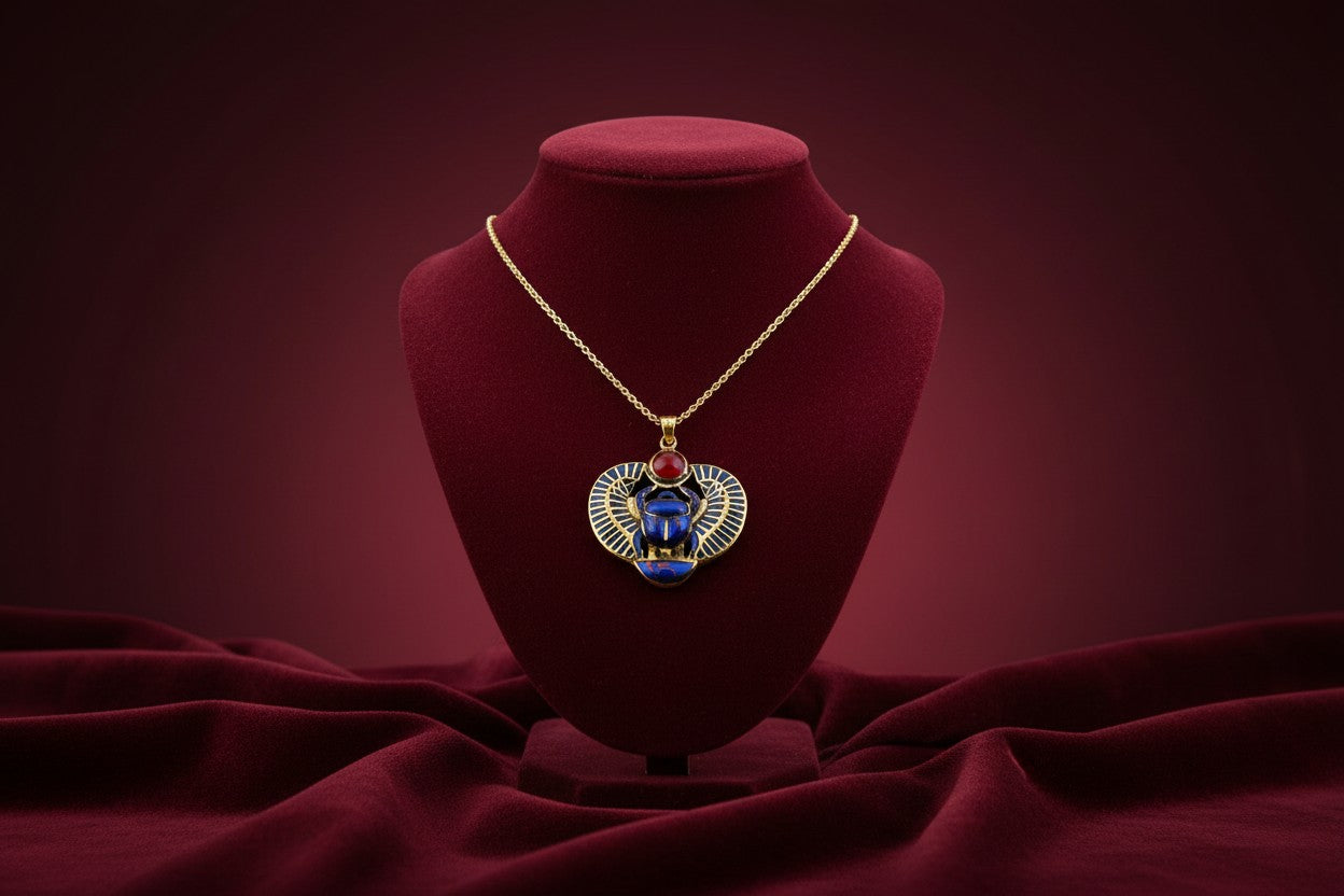 Gold Egyptian Scarab Lapis Lazuli Necklace, Handmade Talisman