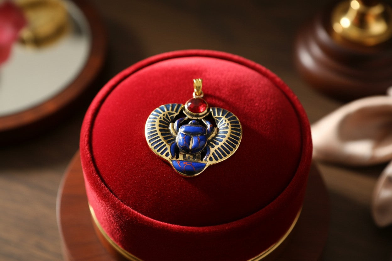 Gold Egyptian Scarab Lapis Lazuli Necklace, Handmade Talisman