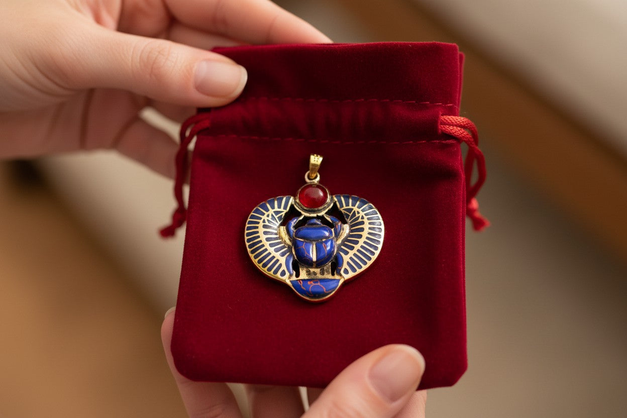 Gold Egyptian Scarab Lapis Lazuli Necklace, Handmade Talisman