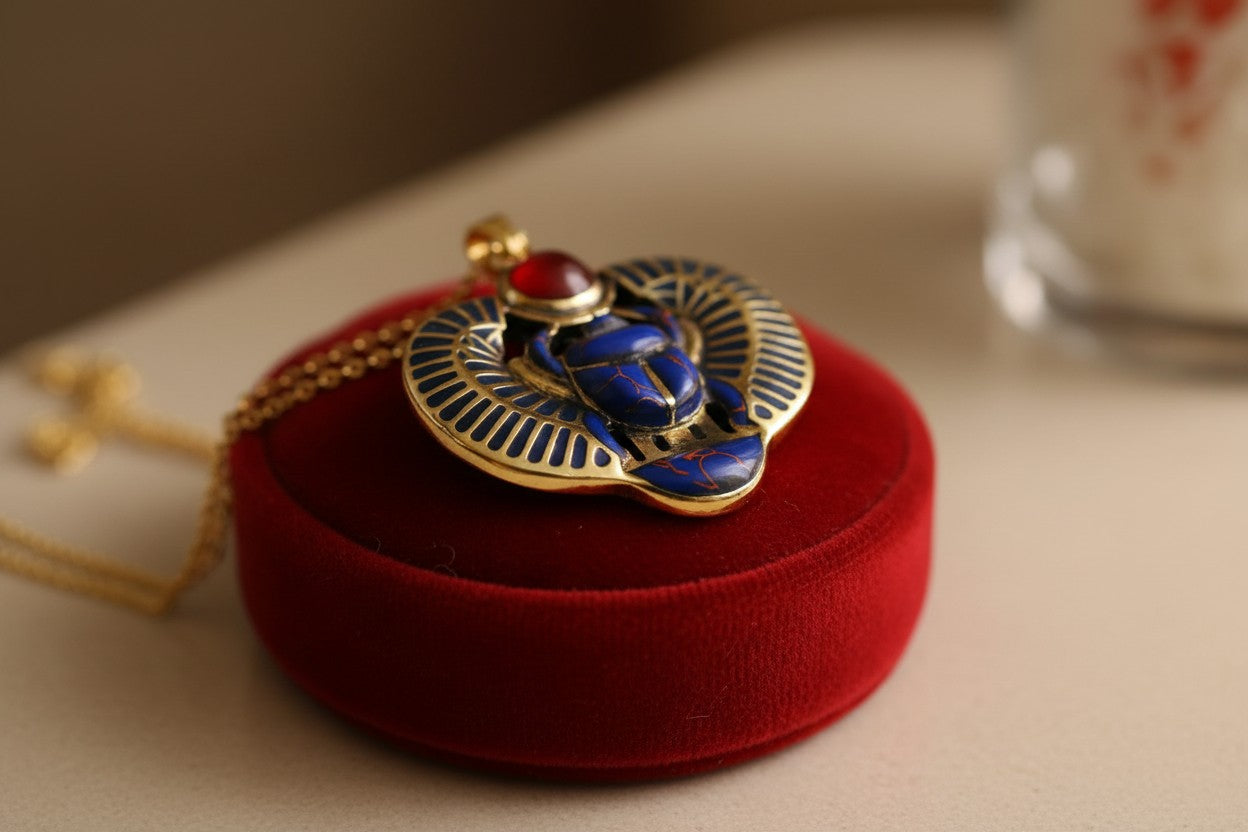 Gold Egyptian Scarab Lapis Lazuli Necklace, Handmade Talisman
