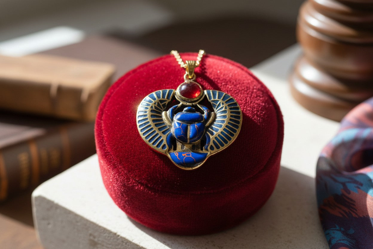 Gold Egyptian Scarab Lapis Lazuli Necklace, Handmade Talisman