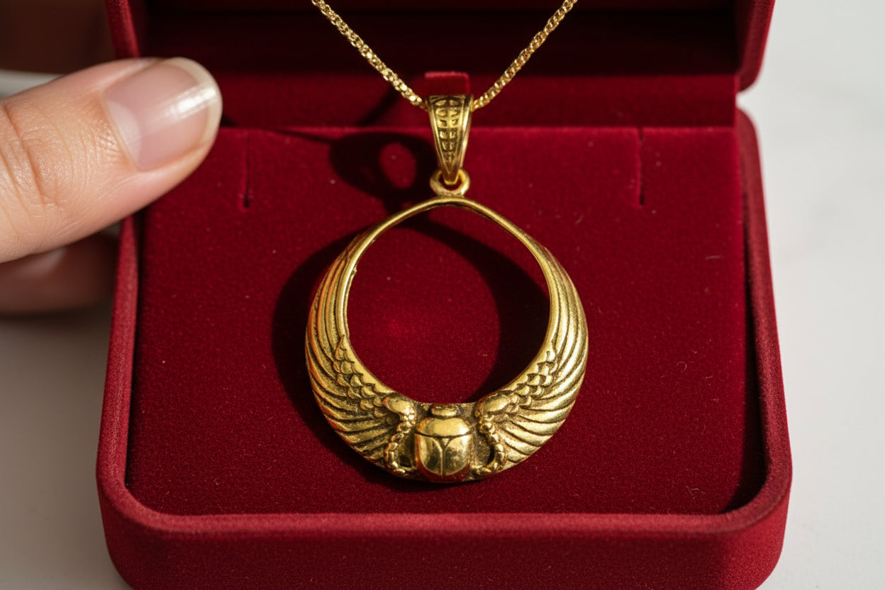 Gold Winged Sun Disk Scarab Pendant, Egyptian Revival Talisman Necklace