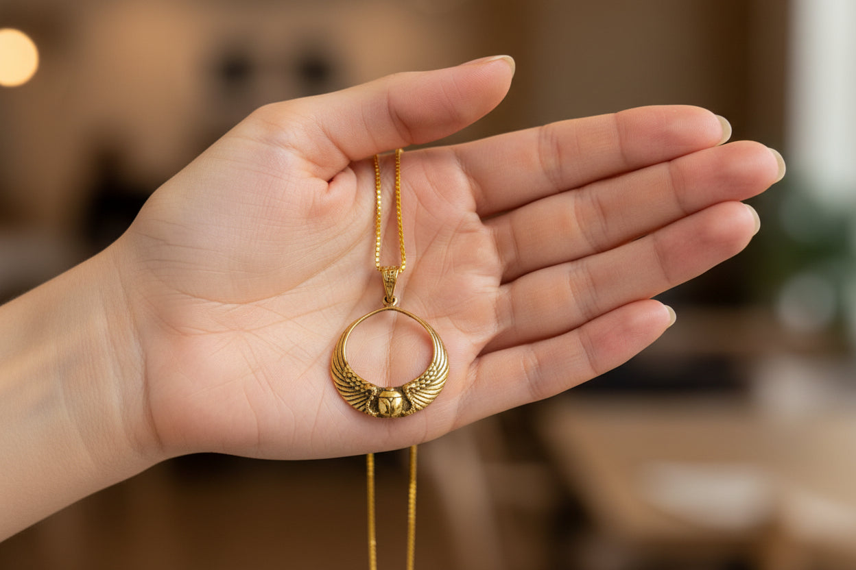 Gold Winged Sun Disk Scarab Pendant, Egyptian Revival Talisman Necklace