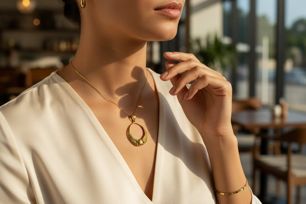 Gold Winged Sun Disk Scarab Pendant, Egyptian Revival Talisman Necklace