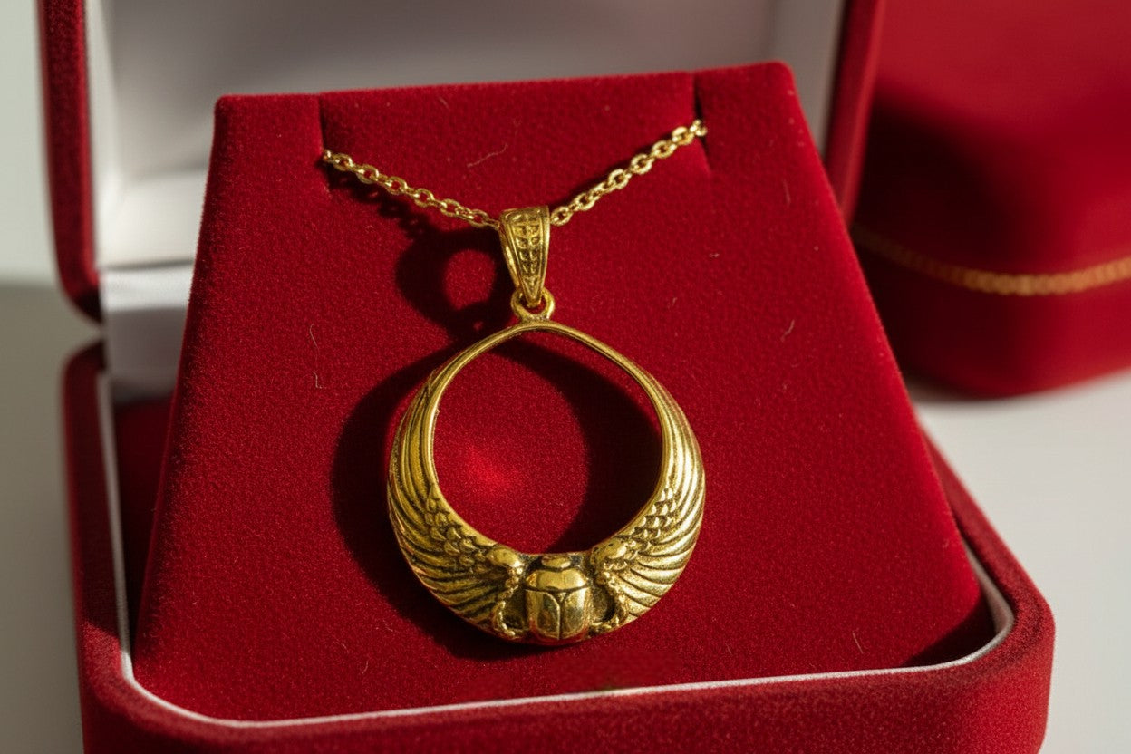 Gold Winged Sun Disk Scarab Pendant, Egyptian Revival Talisman Necklace