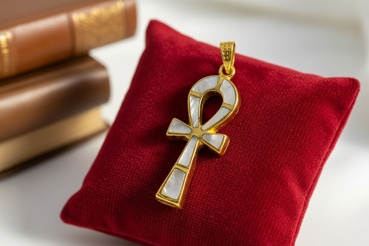 Gold Ankh Necklace, Mother of Pearl Egyptian Key of Life Pendant