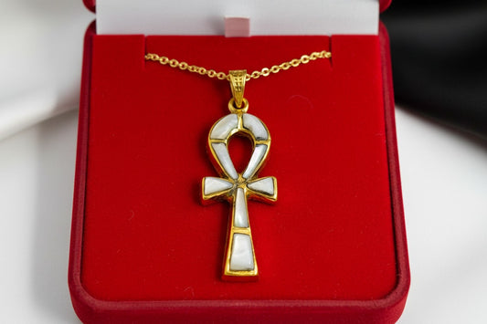 Gold Ankh Necklace, Mother of Pearl Egyptian Key of Life Pendant