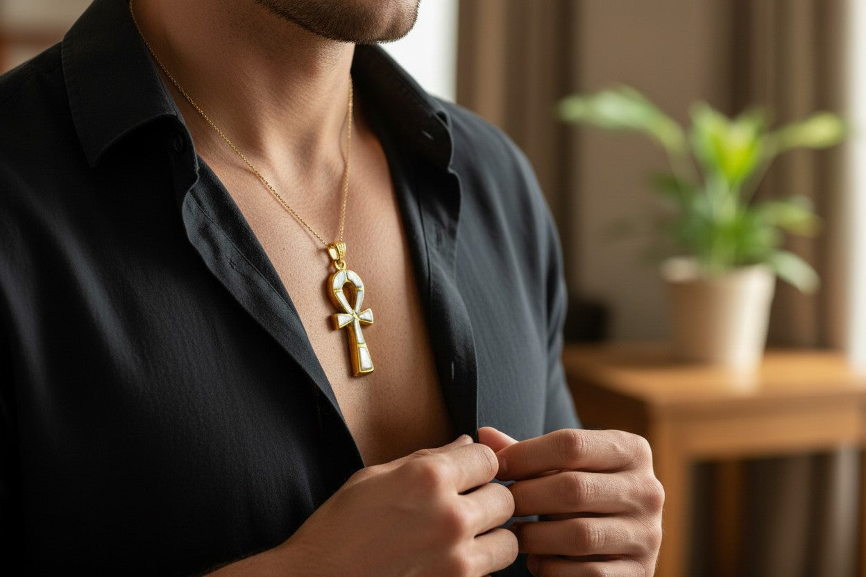 Gold Ankh Necklace, Mother of Pearl Egyptian Key of Life Pendant
