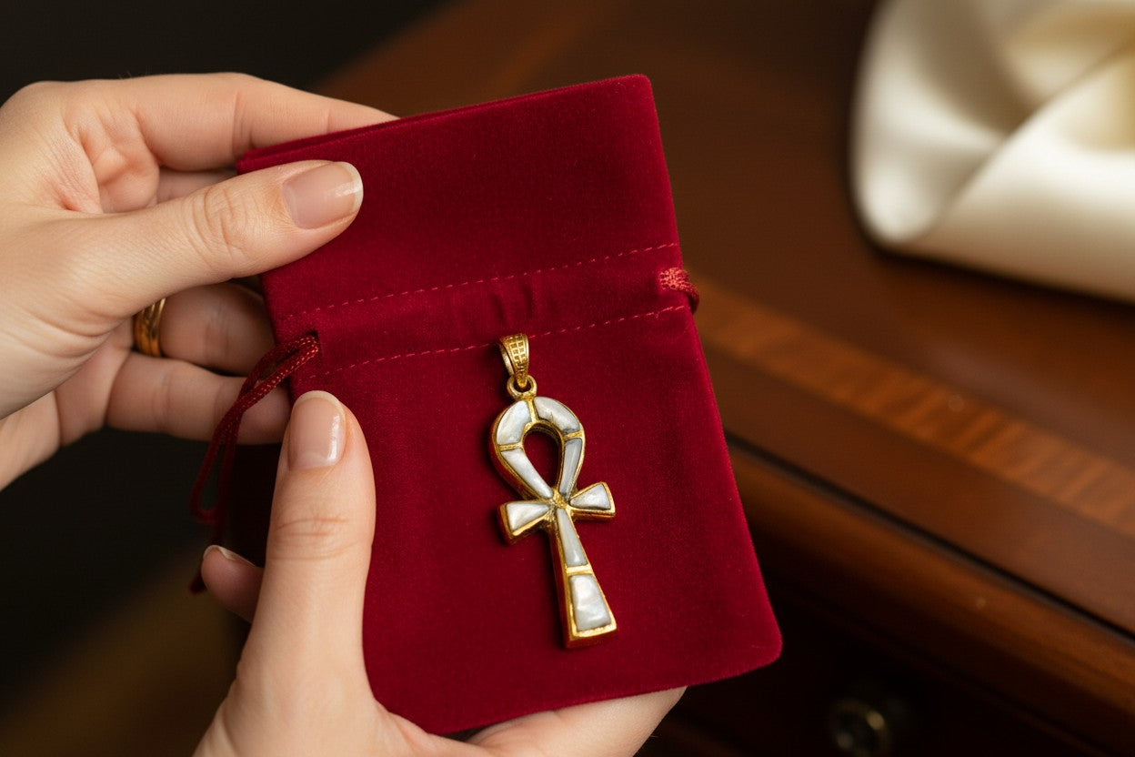 Gold Ankh Necklace, Mother of Pearl Egyptian Key of Life Pendant