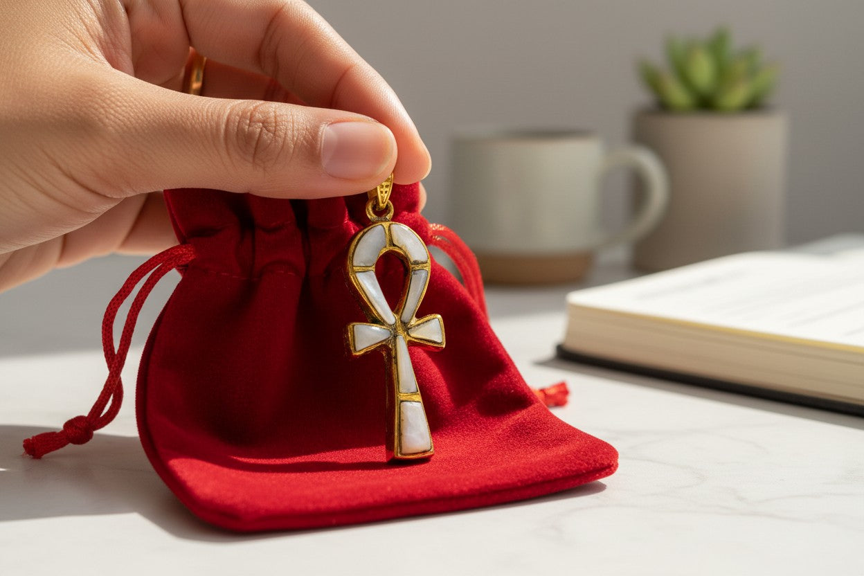Gold Ankh Necklace, Mother of Pearl Egyptian Key of Life Pendant