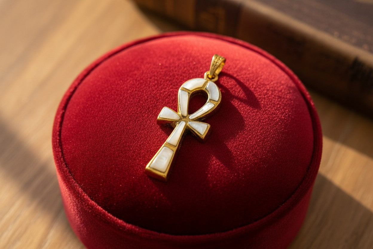 Gold Ankh Necklace, Mother of Pearl Egyptian Key of Life Pendant