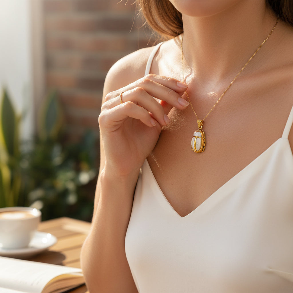 Gold Scarab Mother of Pearl Pendant, Egyptian Revival Necklace