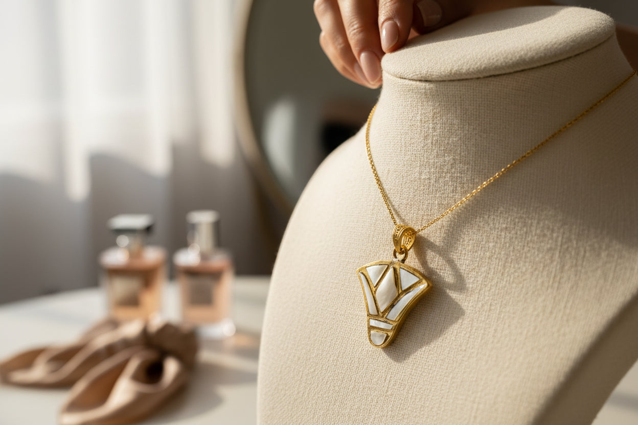 Gold Lotus Flower Pendant, Egyptian Mother of Pearl Necklace