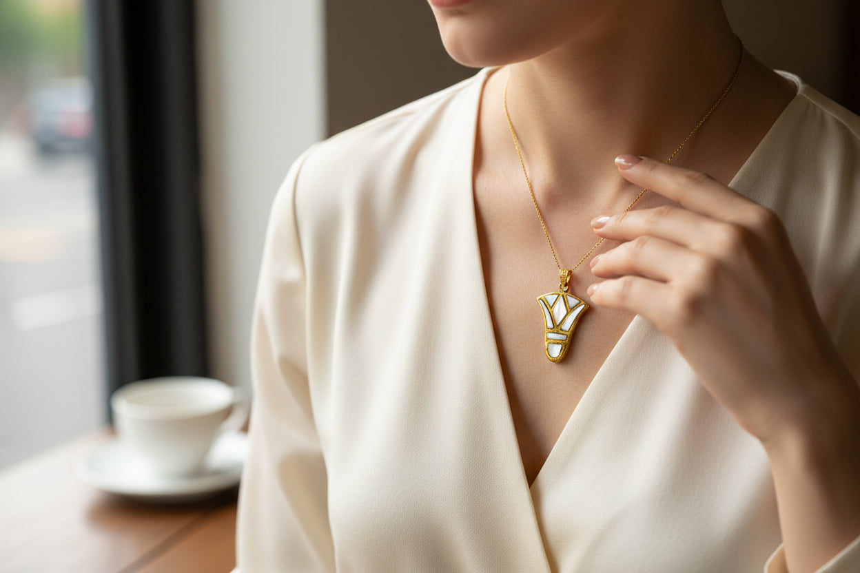 Gold Lotus Flower Pendant, Egyptian Mother of Pearl Necklace
