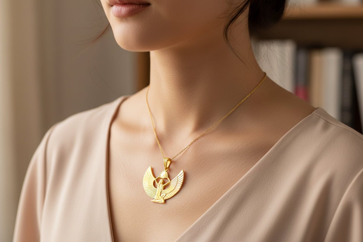 Gold Goddess Isis Pendant, Winged Egyptian Goddess, Egyptian Jewelry, Divine Minimalist Necklace, Gift for Men and Women