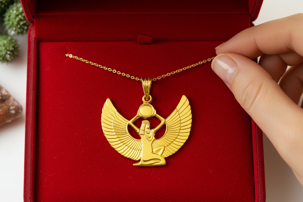 Gold Goddess Isis Pendant, Winged Egyptian Goddess, Egyptian Jewelry, Divine Minimalist Necklace, Gift for Men and Women