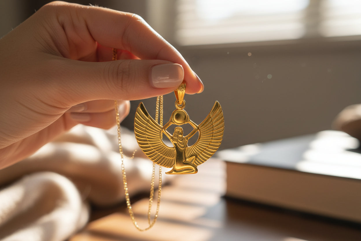 Gold Goddess Isis Pendant, Winged Egyptian Goddess, Egyptian Jewelry, Divine Minimalist Necklace, Gift for Men and Women