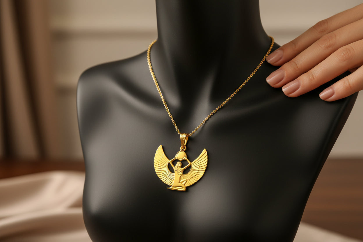 Gold Goddess Isis Pendant, Winged Egyptian Goddess, Egyptian Jewelry, Divine Minimalist Necklace, Gift for Men and Women