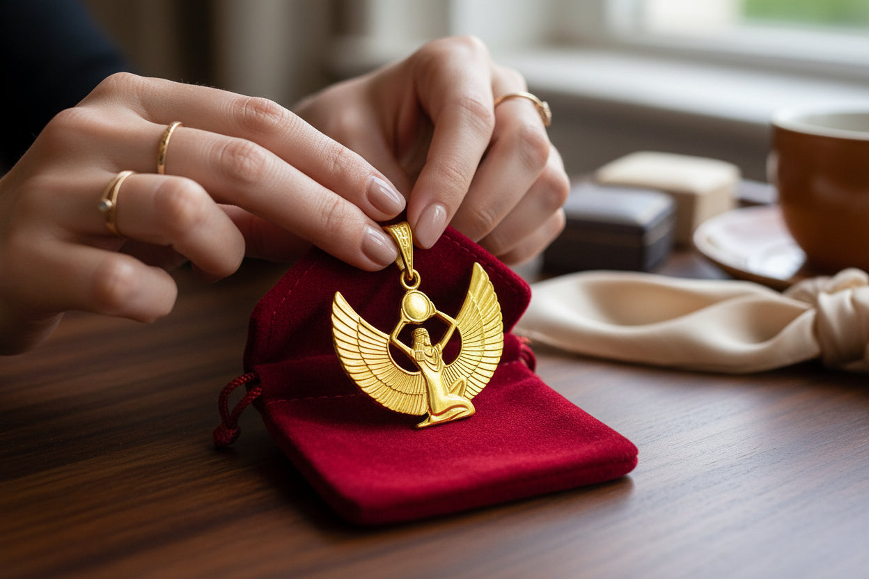 Gold Goddess Isis Pendant, Winged Egyptian Goddess, Egyptian Jewelry, Divine Minimalist Necklace, Gift for Men and Women
