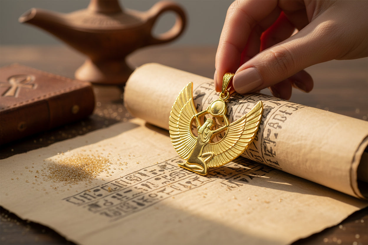 Gold Goddess Isis Pendant, Winged Egyptian Goddess, Egyptian Jewelry, Divine Minimalist Necklace, Gift for Men and Women