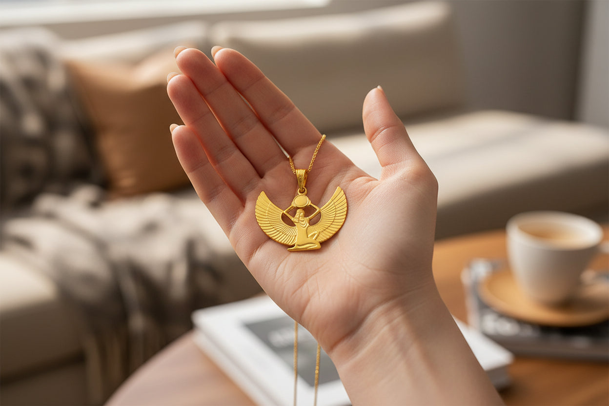 Gold Goddess Isis Pendant, Winged Egyptian Goddess, Egyptian Jewelry, Divine Minimalist Necklace, Gift for Men and Women