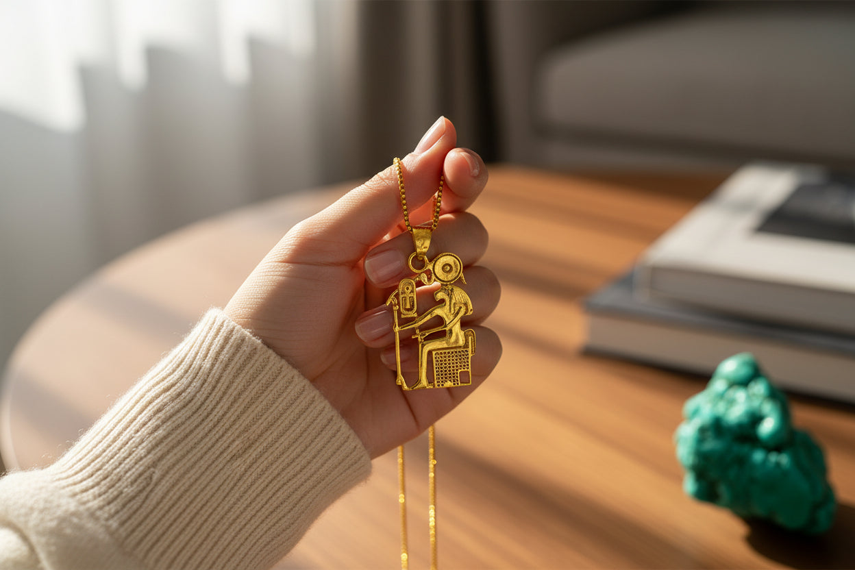 Gold Sekhmet Pendant, Egyptian Revival Necklace, Divine Talisman