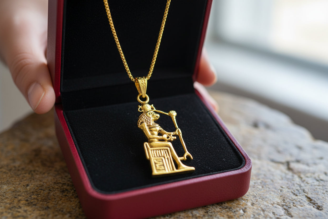 Gold Sekhmet Pendant, Egyptian Revival Necklace, Divine Talisman