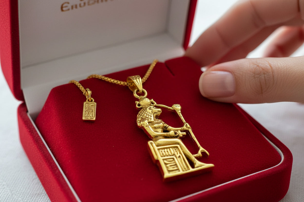 Gold Sekhmet Pendant, Egyptian Revival Necklace, Divine Talisman