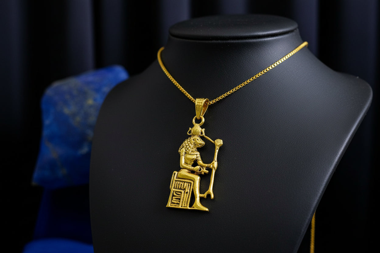 Gold Sekhmet Pendant, Egyptian Revival Necklace, Divine Talisman