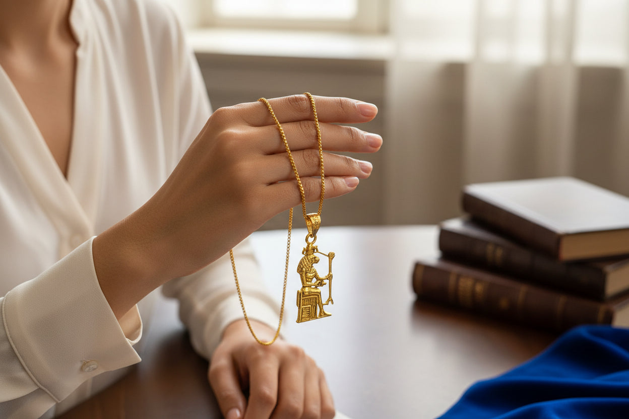 Gold Sekhmet Pendant, Egyptian Revival Necklace, Divine Talisman