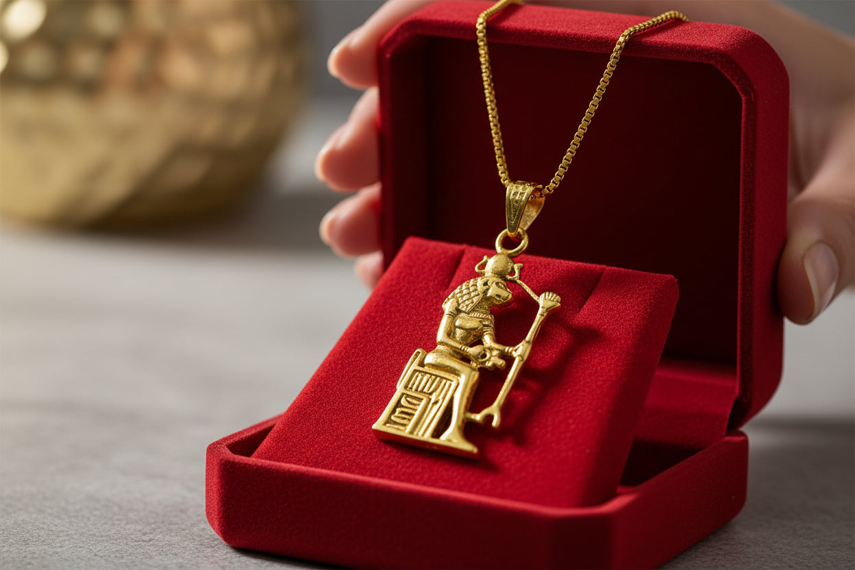 Gold Sekhmet Pendant, Egyptian Revival Necklace, Divine Talisman