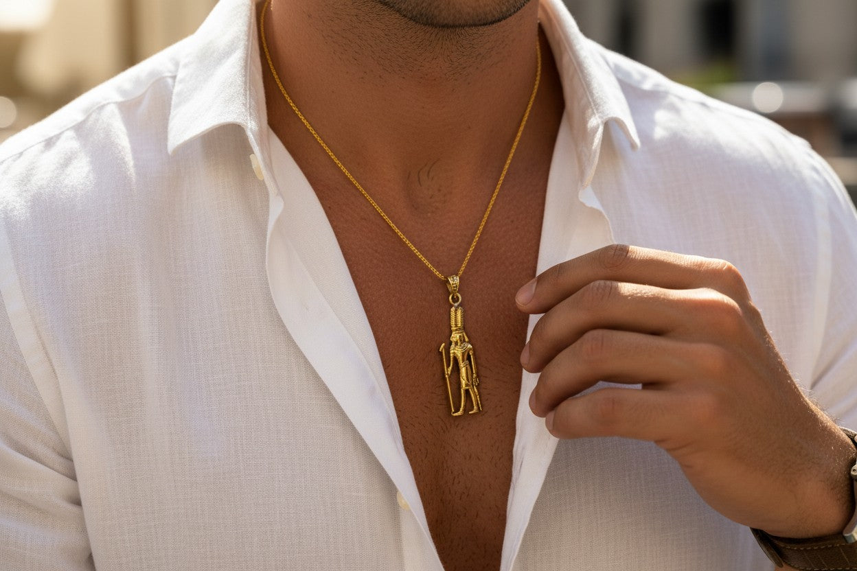 Gold God Shu Necklace, Egyptian Air God Pendant, Ancient Egypt Jewelry, Protection Amulet, Pharaoh Gift, Egyptian Revival Charm