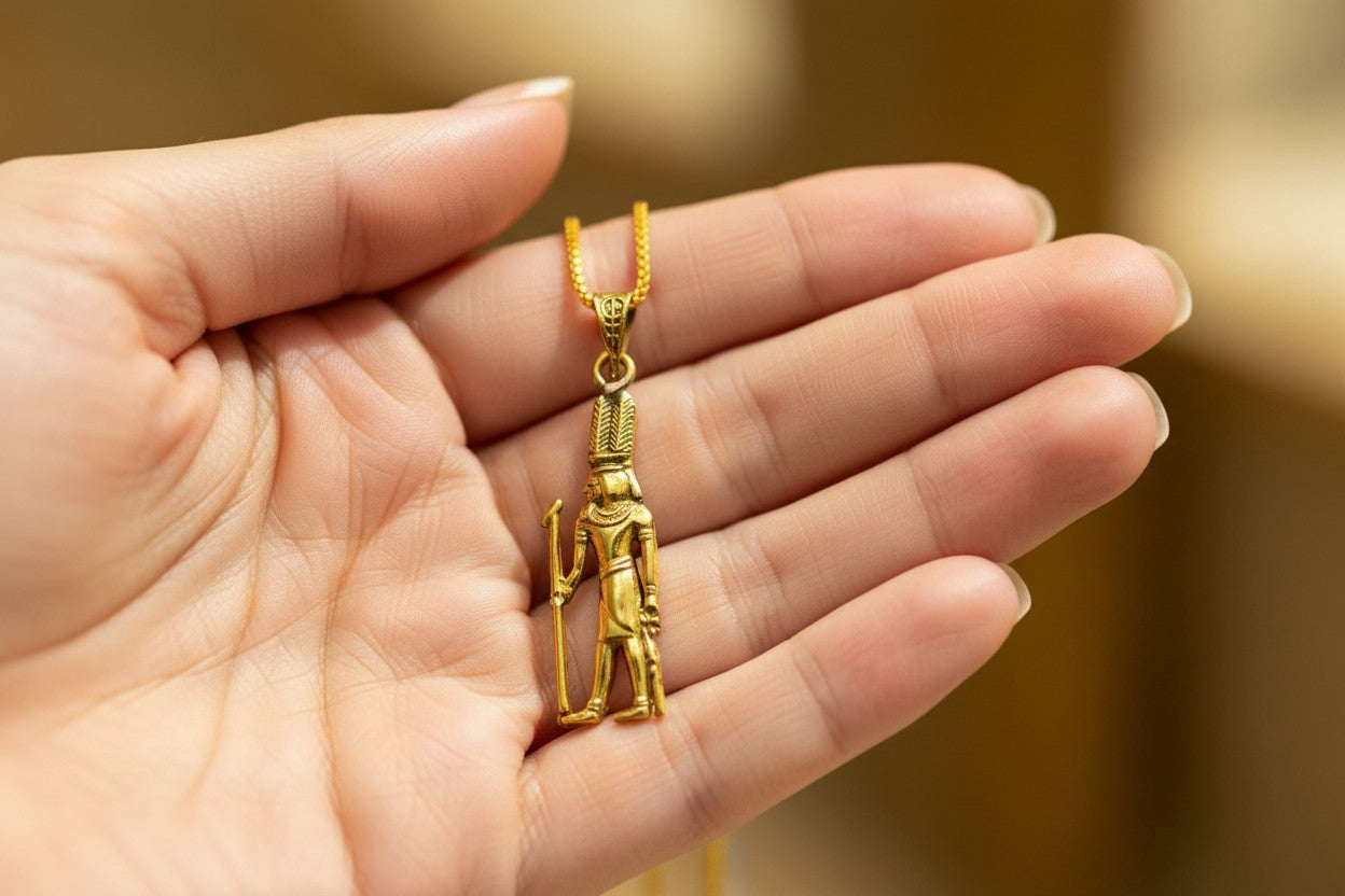 Gold God Shu Necklace, Egyptian Air God Pendant, Ancient Egypt Jewelry, Protection Amulet, Pharaoh Gift, Egyptian Revival Charm