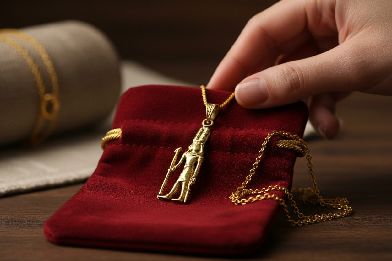 Gold God Shu Necklace, Egyptian Air God Pendant, Ancient Egypt Jewelry, Protection Amulet, Pharaoh Gift, Egyptian Revival Charm
