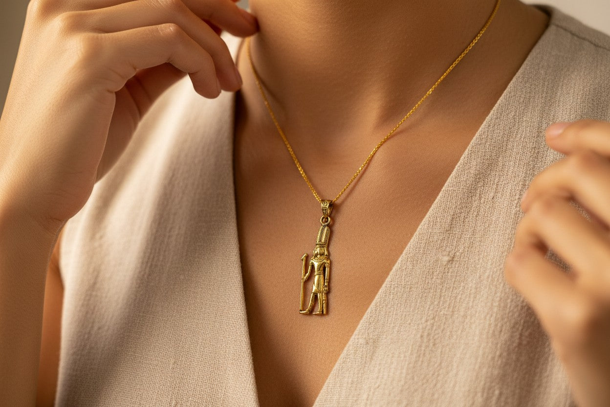 Gold God Shu Necklace, Egyptian Air God Pendant, Ancient Egypt Jewelry, Protection Amulet, Pharaoh Gift, Egyptian Revival Charm