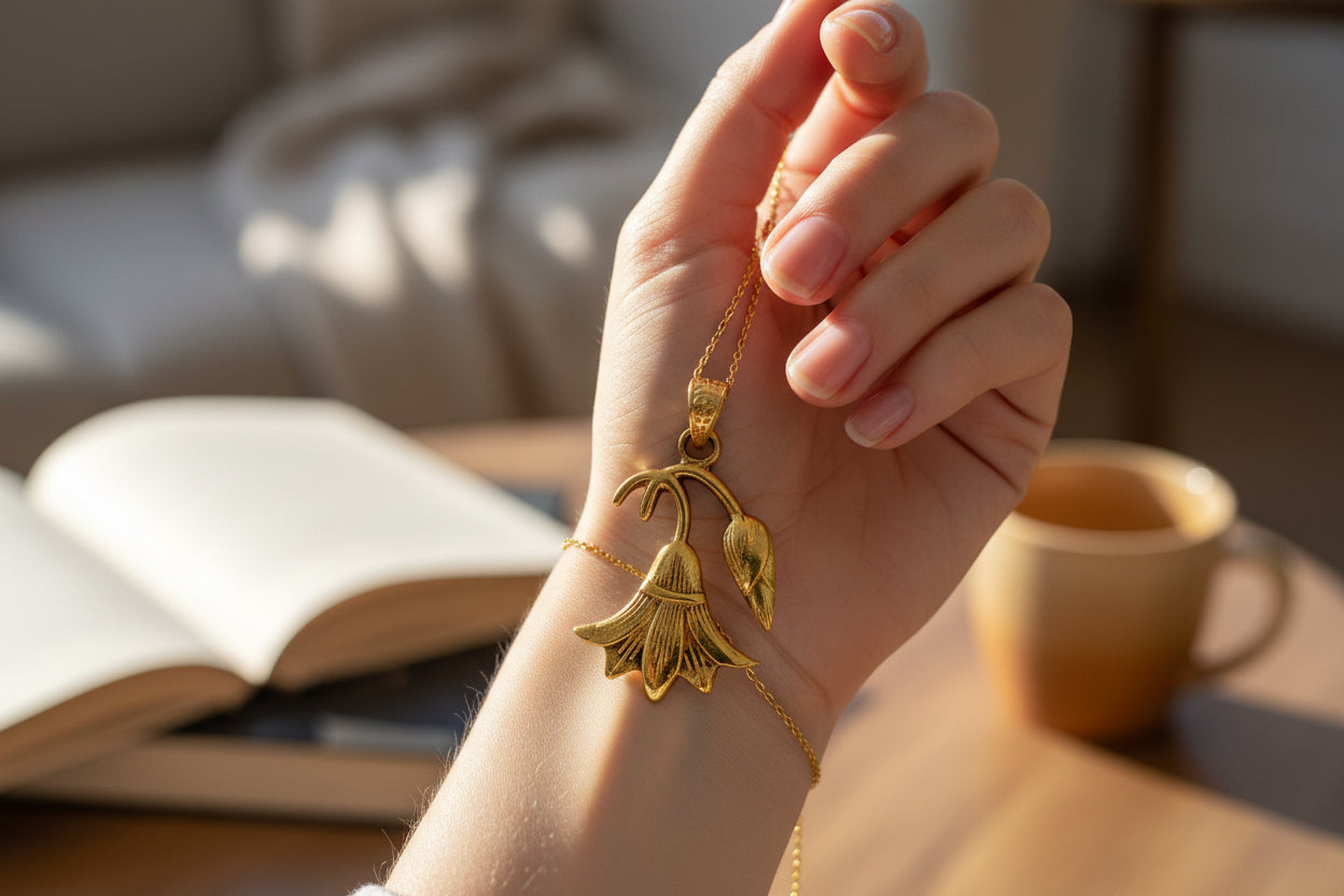 Gold Lotus Flower Pendant, Egyptian Revival Necklace
