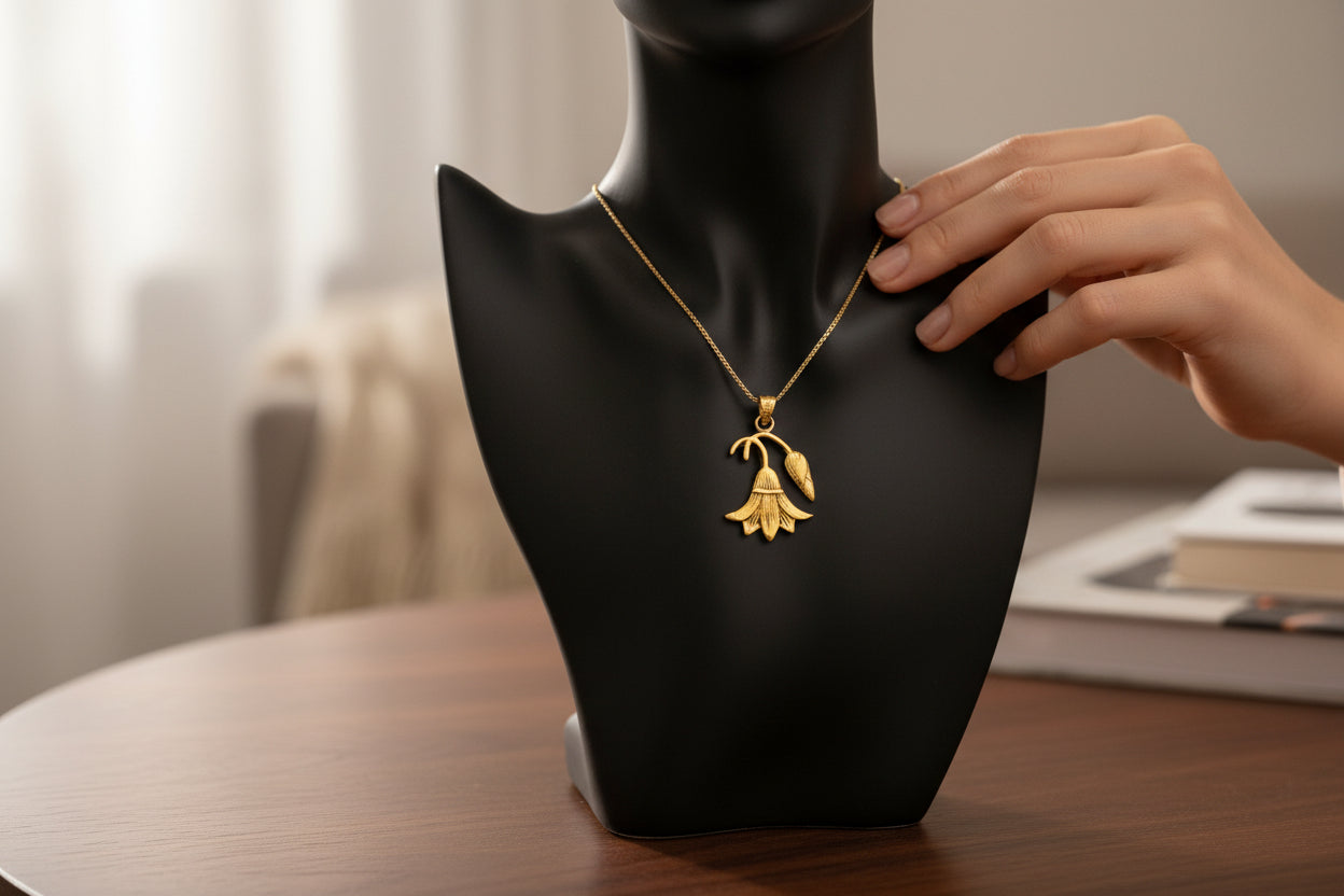 Gold Lotus Flower Pendant, Egyptian Revival Necklace