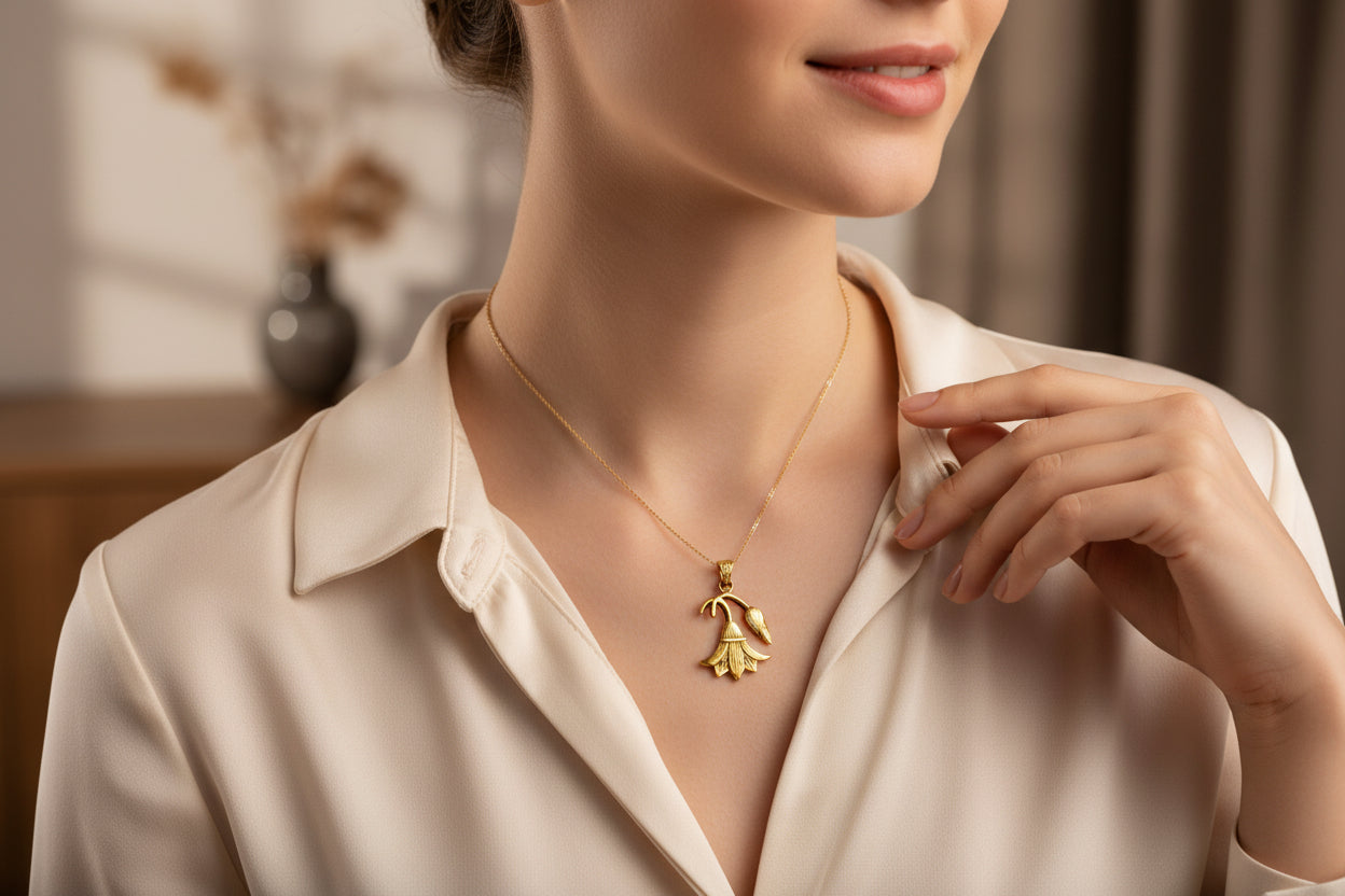 Gold Lotus Flower Pendant, Egyptian Revival Necklace
