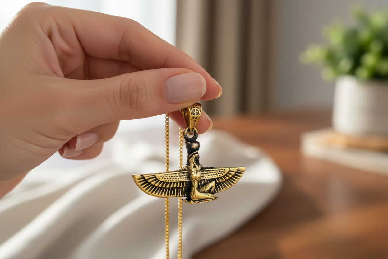 Gold Goddess Isis Pendant, Winged Egyptian Necklace, Gift for Men and Women
