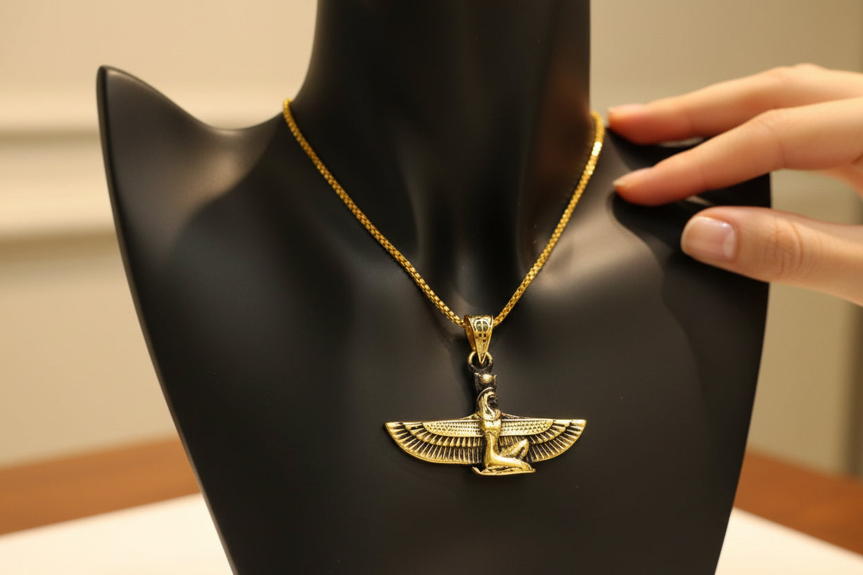 Gold Goddess Isis Pendant, Winged Egyptian Necklace, Gift for Men and Women