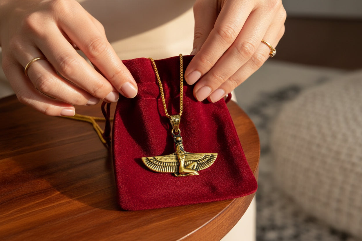 Gold Goddess Isis Pendant, Winged Egyptian Necklace, Gift for Men and Women
