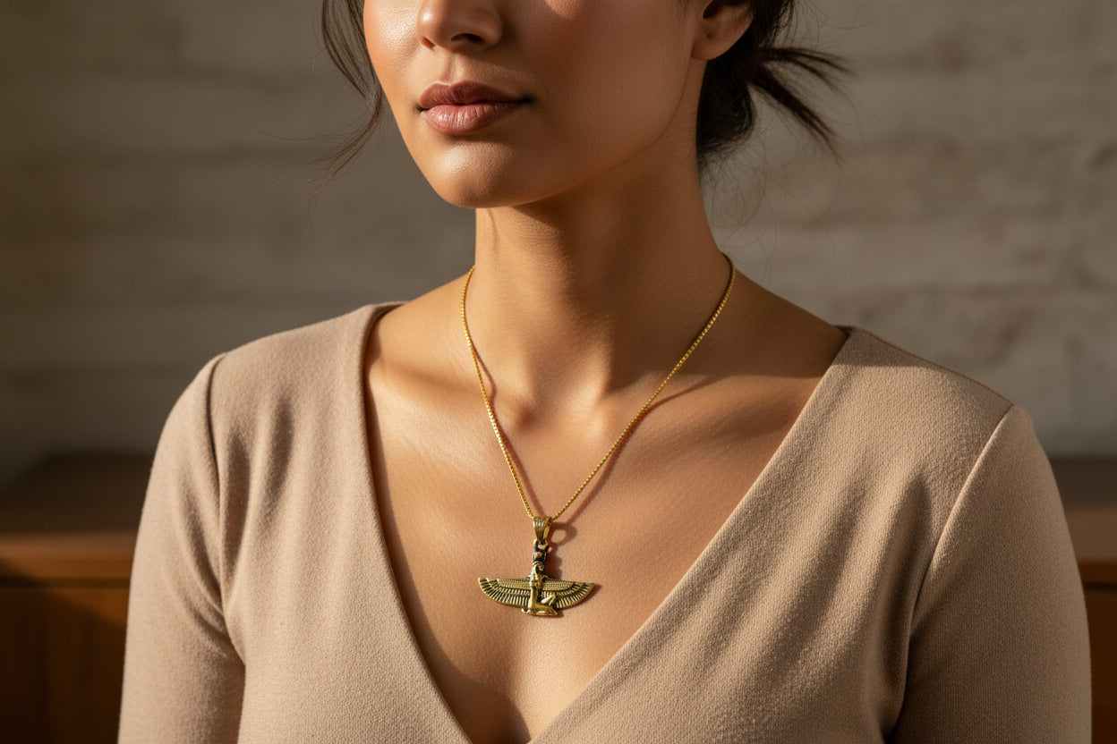Gold Goddess Isis Pendant, Winged Egyptian Necklace, Gift for Men and Women