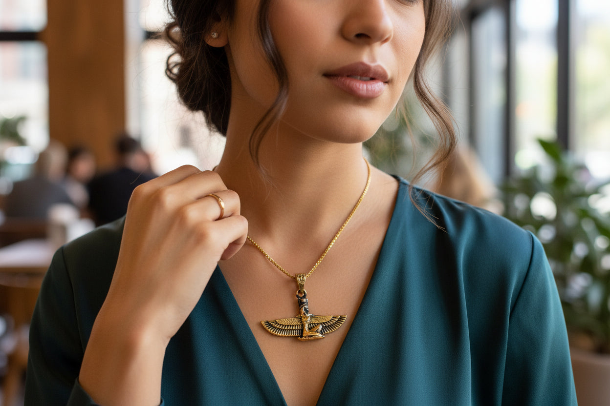Gold Goddess Isis Pendant, Winged Egyptian Necklace, Gift for Men and Women