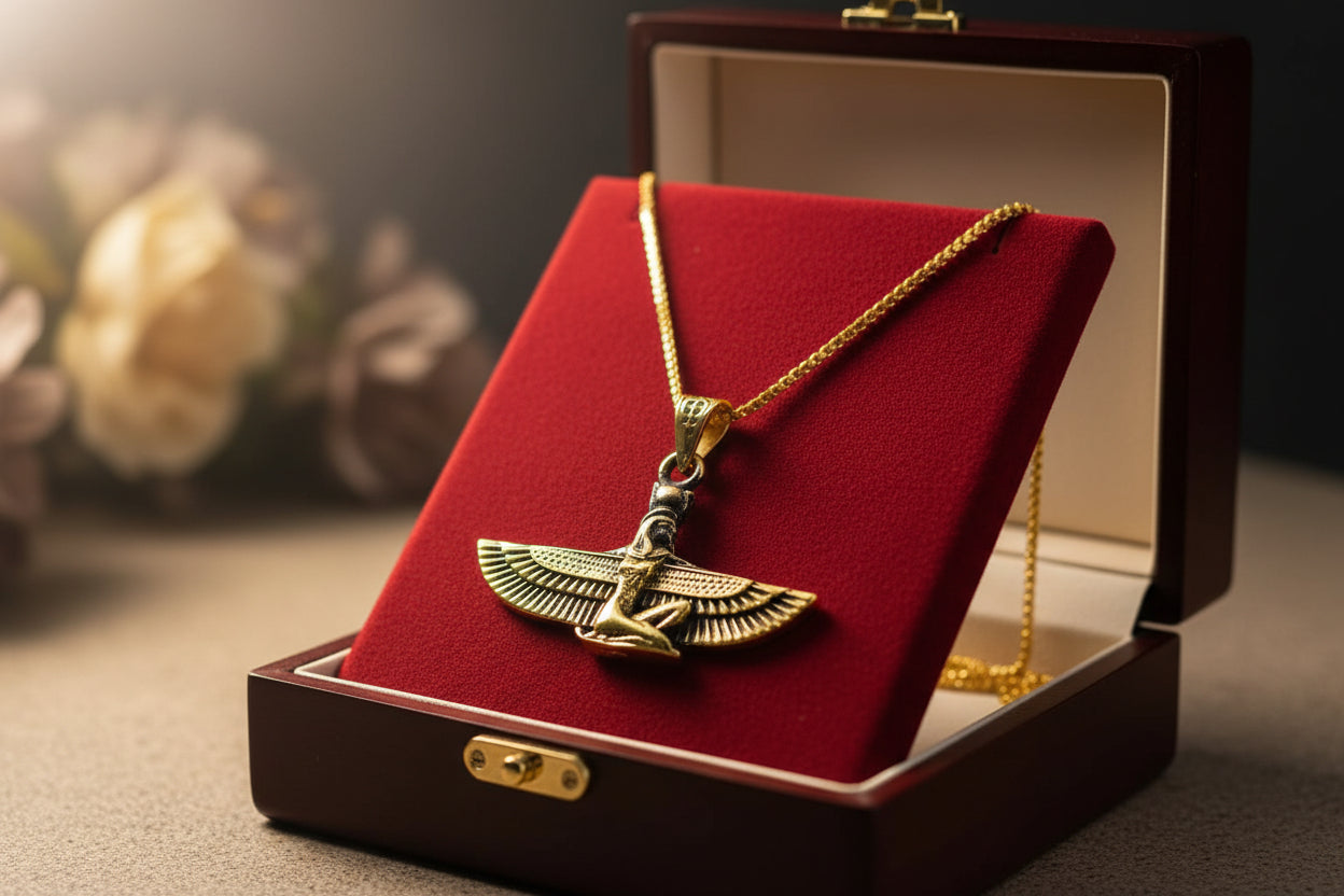 Gold Goddess Isis Pendant, Winged Egyptian Necklace, Gift for Men and Women