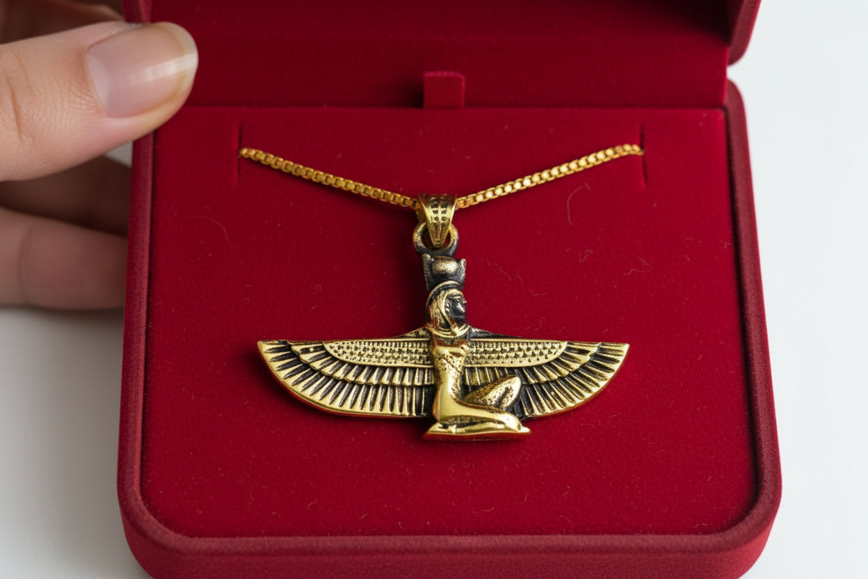 Gold Goddess Isis Pendant, Winged Egyptian Necklace, Gift for Men and Women