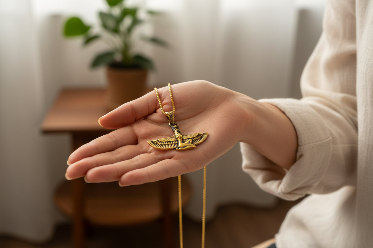 Gold Goddess Isis Pendant, Winged Egyptian Necklace, Gift for Men and Women